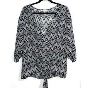 Chevron Print Womens Blouse By Etched 3X Black & White Loose Fit V-Neck 3/4 Slee